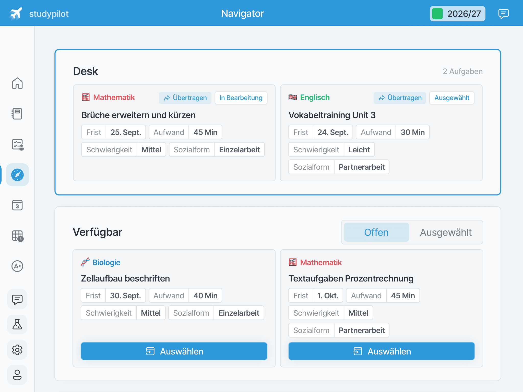Navigator-Ansicht eines Schülers mit dem Desk aus zwei laufenden Aufgaben und darunter den verfügbaren Aufgaben zur Auswahl.