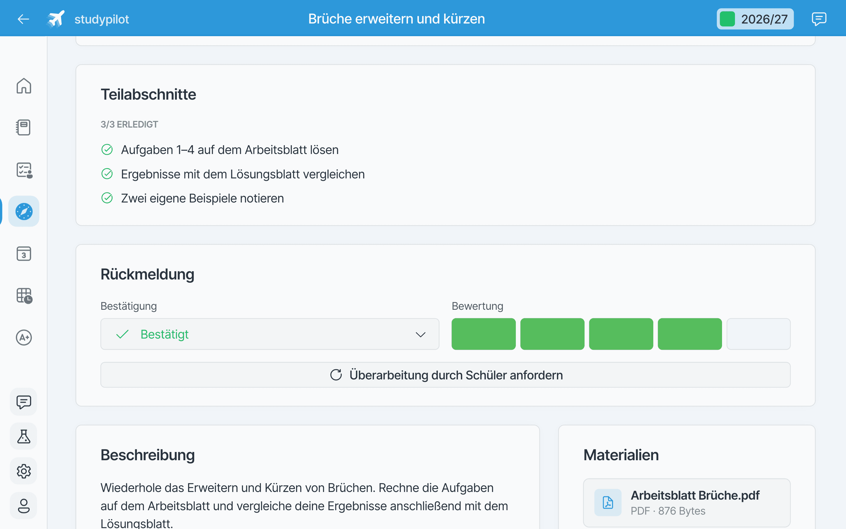 Bearbeitung eines Schülers mit abgehakten Teilabschnitten, Bestätigung, fünfstufiger Bewertungsskala und „Überarbeitung durch Schüler anfordern“.